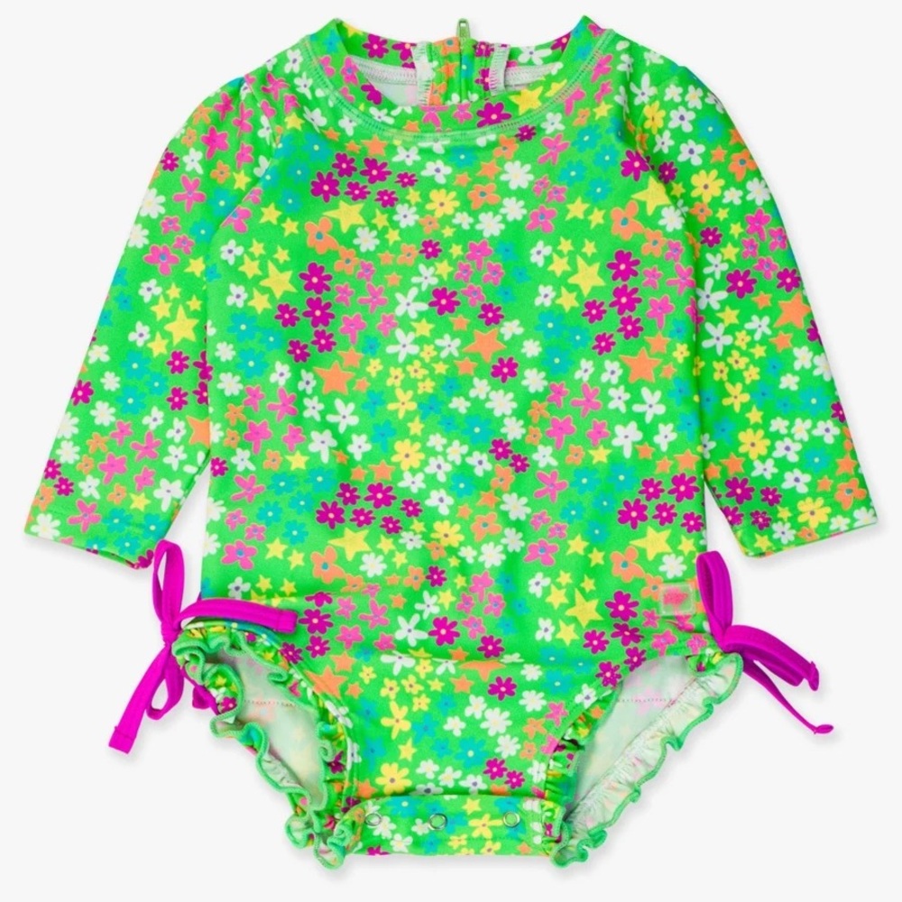 Ruffle Butts Green and Pink Rashguard Swimwear